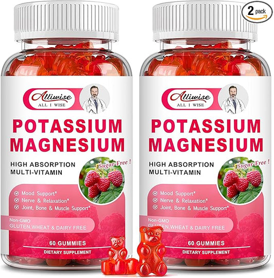Potassium Magnesium Supplement Gummies with Potassium Citrate 200mg + Magnesium Glycinate 500mg for Bone & Muscle Relaxation,Mood & Energy Support.High Absorption Vitamin B6, D3, C.Raspberry Flavor