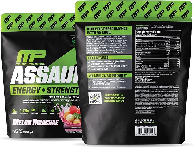 Muscle Pharm Assault Energy & Strength Pre Workout Powder for Men & Women with Beta Alanine, Caffeine, Creatine & Betaine Anhydrous, Pre-Workout Supplements, 30 Servings, Hwachae Melon Flavor