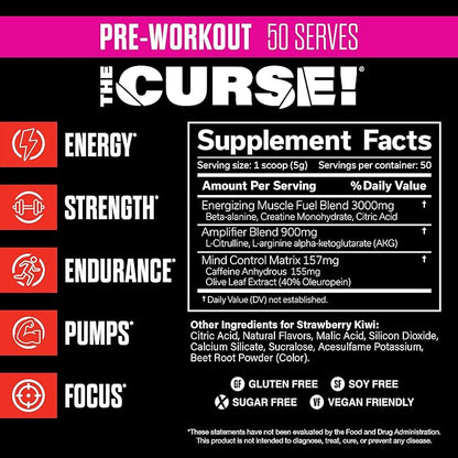 JNX SPORTS The Curse! Pre Workout Powder - Strawberry Kiwi 50 Servings | Preworkout: Boost Strength, Energy + Focus for Men & Women | Caffeine, Beta-Alanine, Creatine & L-Citrulline
