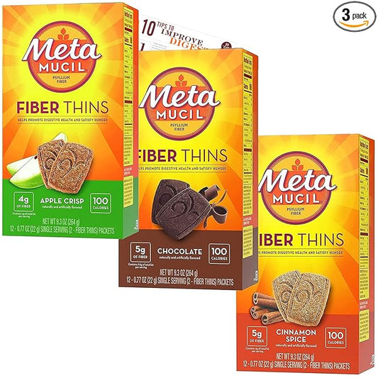Fiber Thins Digestive Health Support Psyllium Fiber Bars Variety & Bleam Digestive Health Tip Card - Apple Crisp - Cinnamon Spice - Chocolate - Variety Pack Of 3
