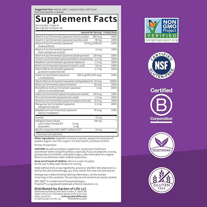 Garden of Life Dr Formulated Multi+ Brain Health, Fermented Liposomal Multivitamin + Lutein & Zeaxanthin, Vitamin D3 & Probiotics - Memory & Focus Support, Digestive & Immune Health, 30 Capsules