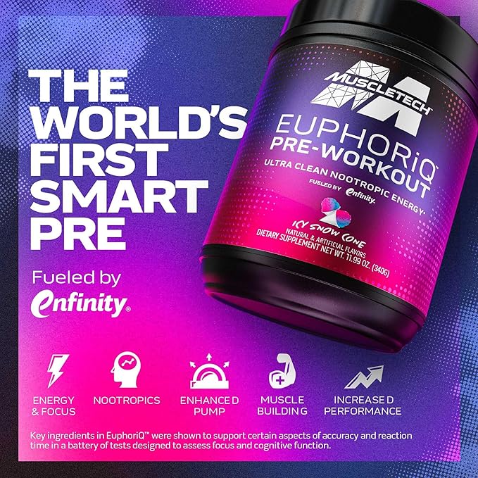 MuscleTech Pre Workout Powder EuphoriQ PreWorkout Smart Pre Workout Powder for Men & Women Caffeine Metabolite Fueled with Paraxanthine ICY Snow Cone (20 Servings)