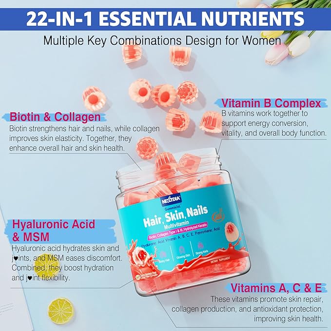 Sugar Free Biotin 1000mcg Collagen Filled Gummies, Multivitamin for Women Hair Skin and Nails Vitamins for Hair Growth, with Hydrolyzed Collagen Peptide hyaluronic Acid MSM Vitamin A C D3 E B Complex