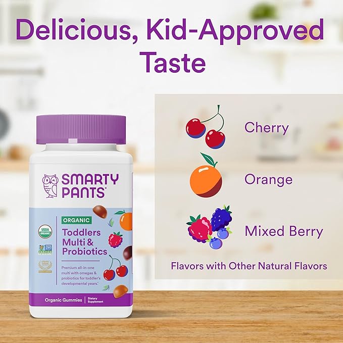 SmartyPants Organic Toddler Multivitamin, Daily Gummy Vitamins: Probiotics, Vitamin C, D3, Zinc, & B12 for Immune Support, Energy & Digestive Health, Fruit Flavor, 60 Gummies, 30 Day Supply