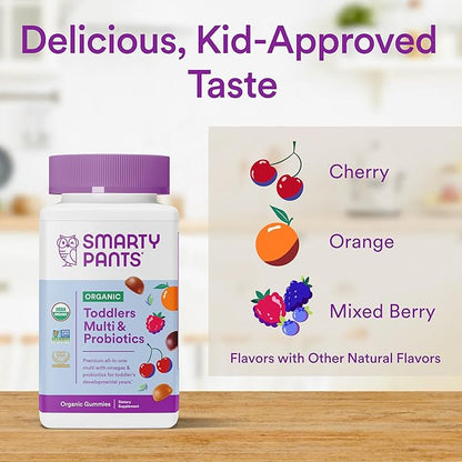 SmartyPants Organic Toddler Multivitamin, Daily Gummy Vitamins: Probiotics, Vitamin C, D3, Zinc, & B12 for Immune Support, Energy & Digestive Health, Fruit Flavor, 60 Gummies, 30 Day Supply