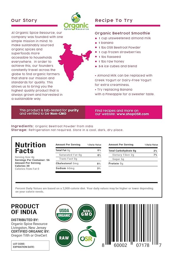 Organic Beet Root Powder | 8 oz or 226g | USDA Organic Approved, Raw and Non GMO | Nitric Oxide Booster, Increases Stamina and Circulation | Vegan | 100% Raw from India, by SHOPOSR(8oz)