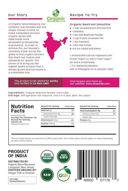 Organic Beet Root Powder | 8 oz or 226g | USDA Organic Approved, Raw and Non GMO | Nitric Oxide Booster, Increases Stamina and Circulation | Vegan | 100% Raw from India, by SHOPOSR(8oz)