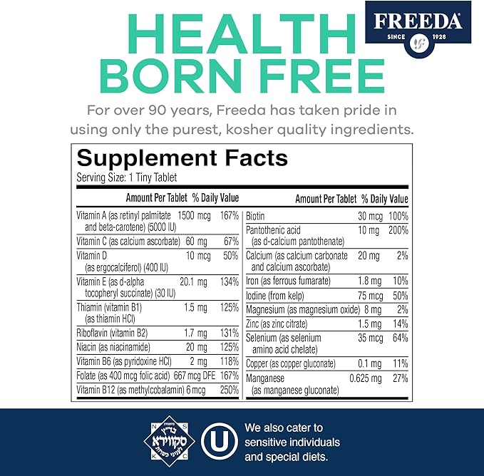 Freedavite Tiny Tablet - Moderate Multivitamin for Men and Women - Pure Vitamin A, C, D, E, B1, B2, B6, B12, Biotin, Calcium, Zinc, Iron, Magnesium, Manganese, Copper, Selenium, Iodine - 250 Count