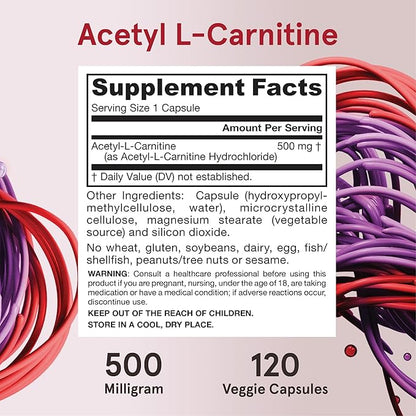 Jarrow Formulas Acetyl L-Carnitine 500 mg, Dietary Supplement, Amino Acid Support for Brain Health and Antioxidants, 120 Veggie Capsules, 120 Day Supply