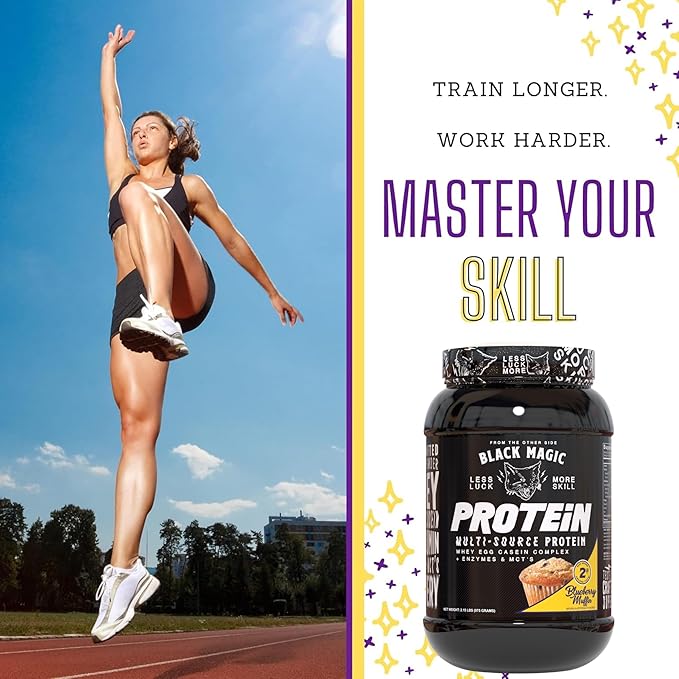 Worldwide Nutrition Bundle: Black Magic Multi-Source Protein Powder - Whey, Egg Albumin Enzymes, Micellar Casein & MCTs - Bodybuilding -Blueberry Muffin Flavor - 2 LB & Multi-Purpose Keychain