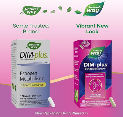 Nature's Way DIM-Plus, DIM Supplement, Supports Balanced Estrogen Metabolism*, Supports Estrogen Hormone Balance*, Diindolylmethane, 120 Vegan Capsules (Packaging May Vary)