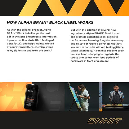 ONNIT Alpha Brain Black Label Capsule (80ct) Premium Citicoline Brain Supplement - Focus, Concentration & Memory - Lion's Mane, Hericium Erinaceus, L Theanine & Mucuna Pruriens