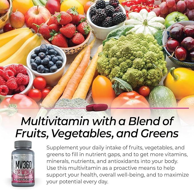 NDS Nutrition MV360 For Women, 5-in-1 Complete Multivitamin for Women with Essential Women’s Vitamins for Energy, Digestion, Toning, Immune Support, & Women’s Health & Beauty, 60 Tablets, 30 Servings