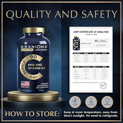 HMB and Vitamin D3 Supplement - Muscle Recovery, Beta Hydroxy Butyrate Pre Workout Muscle Builder, Mass Gainer - 1000 MG HMB Supplements With D3 and Calcium - 360 HMB Capsules , 6-Month Supply