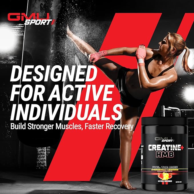 GMU SPORT - Creatine Monohydrate with HMB Powder - 45 Servings, Creatine HMB Supplements, Creatine with HMB for Increased Strength, Muscle Growth & Enhanced Energy, 3G HMB, Strawberry Lemonade
