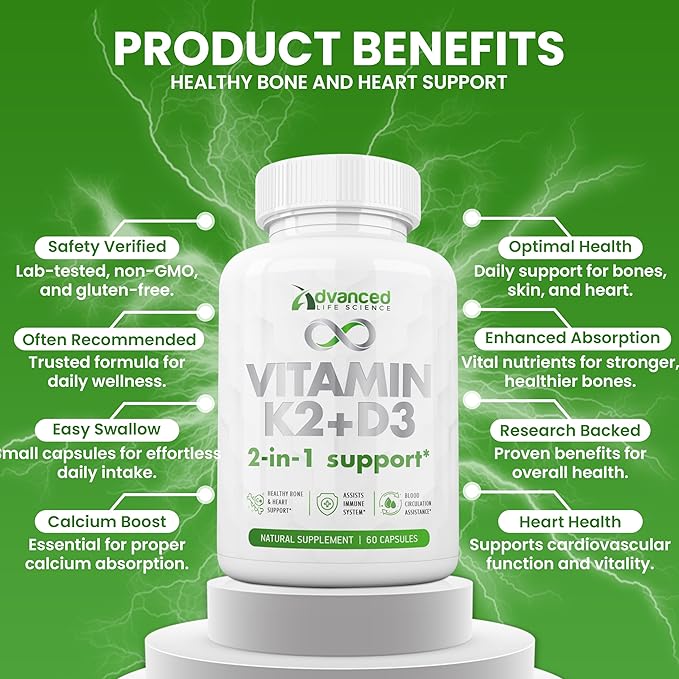 Balanced Vitamin K2 MK7 with D3 Supplement, 125mcg - Supports Strong Bones, Healthy Skin, Cardio. Fast Absorption, Easy Swallow, Non-GMO, Lab Tested Safe