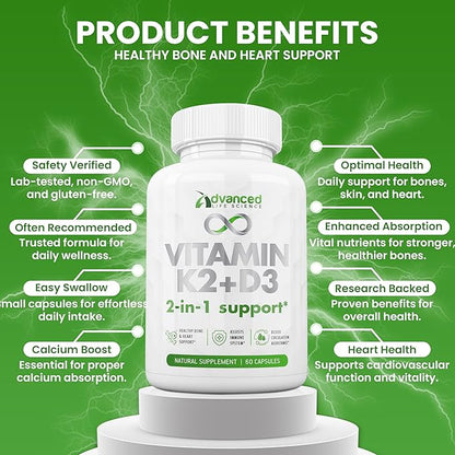 Balanced Vitamin K2 MK7 with D3 Supplement, 125mcg - Supports Strong Bones, Healthy Skin, Cardio. Fast Absorption, Easy Swallow, Non-GMO, Lab Tested Safe