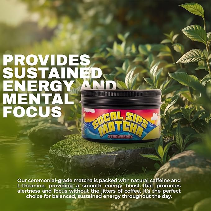 SoCal Sips Matcha Powder Japanese Green Tea – Strawberry Flavored Blend – Organic & Ceremonial Grade Matcha Powder – All Natural & Zero Sugar Added – Ideal for Tea, Smoothies, & Lattes – 1.43 Oz