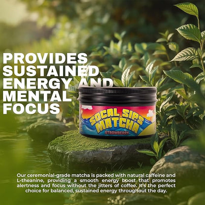 SoCal Sips Matcha Powder Japanese Green Tea – Strawberry Flavored Blend – Organic & Ceremonial Grade Matcha Powder – All Natural & Zero Sugar Added – Ideal for Tea, Smoothies, & Lattes – 1.43 Oz