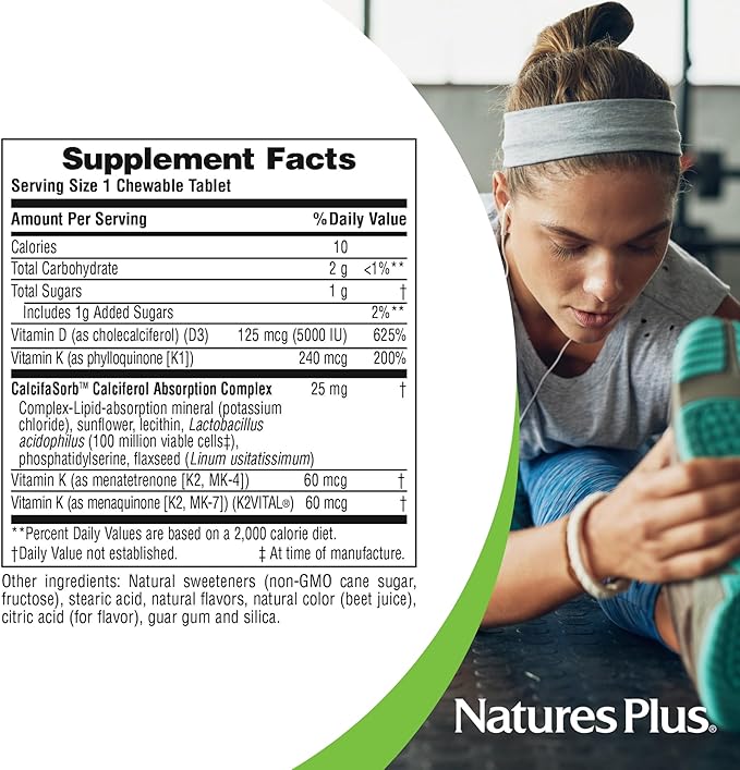 Natures Plus D & K Complex - 60 Mixed Berry Chewables - Supports Calcium Metabolism - Vegetarian, Non-GMO, Gluten Free, Soy Free - 60 Servings
