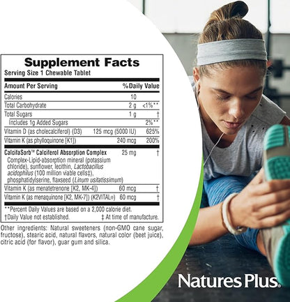 Natures Plus D & K Complex - 60 Mixed Berry Chewables - Supports Calcium Metabolism - Vegetarian, Non-GMO, Gluten Free, Soy Free - 60 Servings