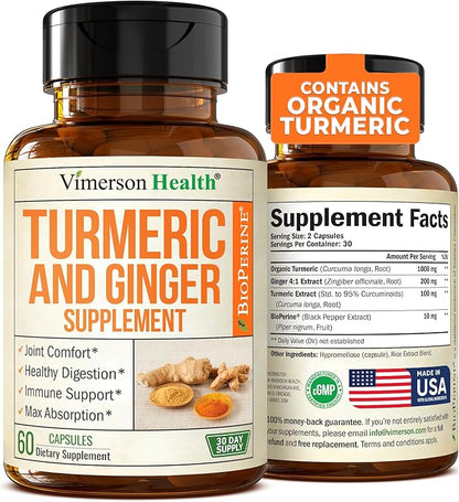 Turmeric Supplement and Ginger Root Joint Support Supplement - Turmeric Curcumin Supplement 95% Curcuminoids. Contains Organic Turmeric with Black Pepper (Bioperine) for Max Absorption. 60 Capsules