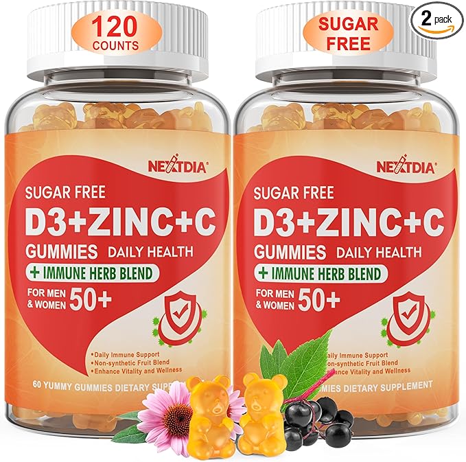Sugar Free Vitamin C + D3 + Zinc Gummies for Adults 50 +, 9 in 1 Immune Defense Supplement with D3 5000IU, Elderberry, Echinacea, Mullein Leaf for Boost Immunity, Power Antioxidant, Vegan (Pack of 2)