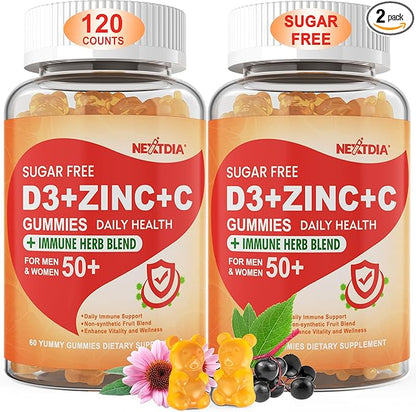 Sugar Free Vitamin C + D3 + Zinc Gummies for Adults 50 +, 9 in 1 Immune Defense Supplement with D3 5000IU, Elderberry, Echinacea, Mullein Leaf for Boost Immunity, Power Antioxidant, Vegan (Pack of 2)