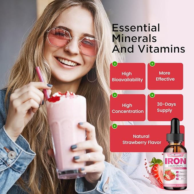 Liquid Iron Supplement for Women Men & Kids Multivitamin Iron Drops with Folate, Vitamin C, B6, B12, Zinc for Anemia, Iron Deficiency, Blood Builder, Energy - Natural Strawberry Flavor, Vegan 4 Fl Oz