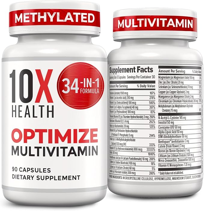 10X Health Optimize Methylated Multivitamin for Men & Women - 34 in 1 Formula with 800 mcg of Vitamin B12, Vitamin E, 5-MTHF, B Complex, NAC, Magnesium & Zinc Multivitamins - 90 Capsules