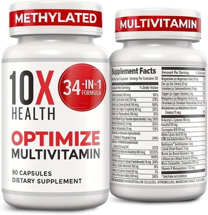 10X Health Optimize Methylated Multivitamin for Men & Women - 34 in 1 Formula with 800 mcg of Vitamin B12, Vitamin E, 5-MTHF, B Complex, NAC, Magnesium & Zinc Multivitamins - 90 Capsules