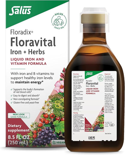 Floradix Floravital Liquid Iron & Vitamins Formula - Liquid Iron Supplement with B Complex Vitamins, Vitamin C & Herbs for Energy Support - Vegan, Gluten-Free, Yeast- Free, Non-GMO - 8.5 oz