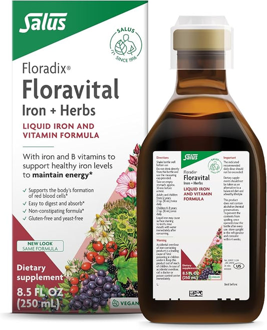 Floradix Floravital Liquid Iron & Vitamins Formula - Liquid Iron Supplement with B Complex Vitamins, Vitamin C & Herbs for Energy Support - Vegan, Gluten-Free, Yeast- Free, Non-GMO - 8.5 oz