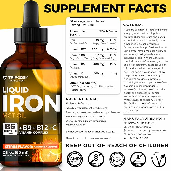 Liquid Iron Supplement for Women and Men - Iron Drops with B6, B9, B12, Vitamin C, Iron Vitamin for Anemia, Blood Builder, Folate for Red Blood Cell and Immune Support MCT Oil (2 Fl Oz, Citrus)