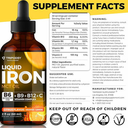 Liquid Iron Supplement for Women and Men - Iron Drops with B6, B9, B12, Vitamin C, Iron Vitamin for Anemia, Blood Builder, Folate for Red Blood Cell and Immune Support MCT Oil (2 Fl Oz, Citrus)