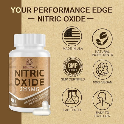 Nitric Oxide Supplement 2255 MG, Nitric Oxide Booster & 6-in-1 Phytonutrient Blend for Heart, Circulation, Immune - 90 Capsules (1 Bottle)