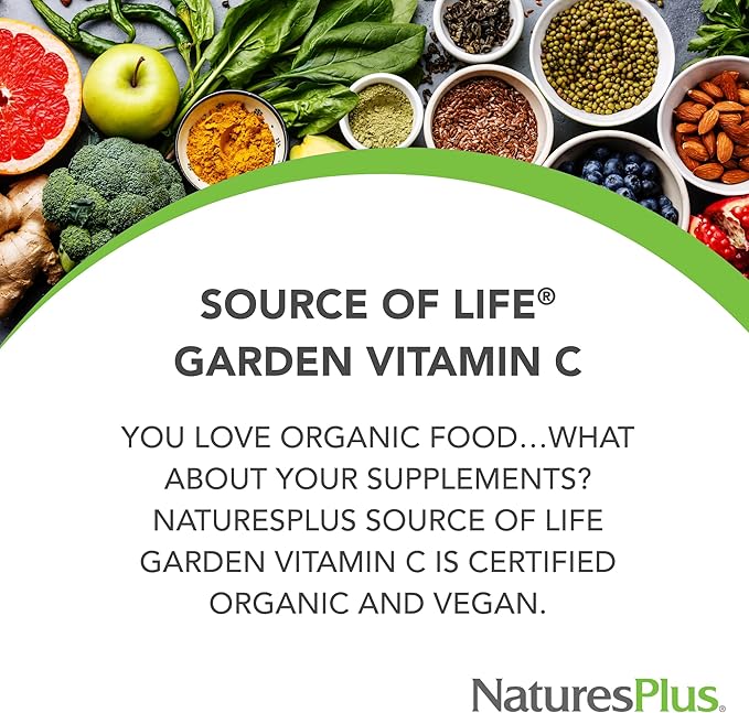 Natures Plus Source of Life Garden Certified Organic Vitamin C - 500 mg, 60 Vegan Capsules - Whole Food Immune Support Supplement, Antioxidant - Vegetarian, Gluten-Free - 30 Servings