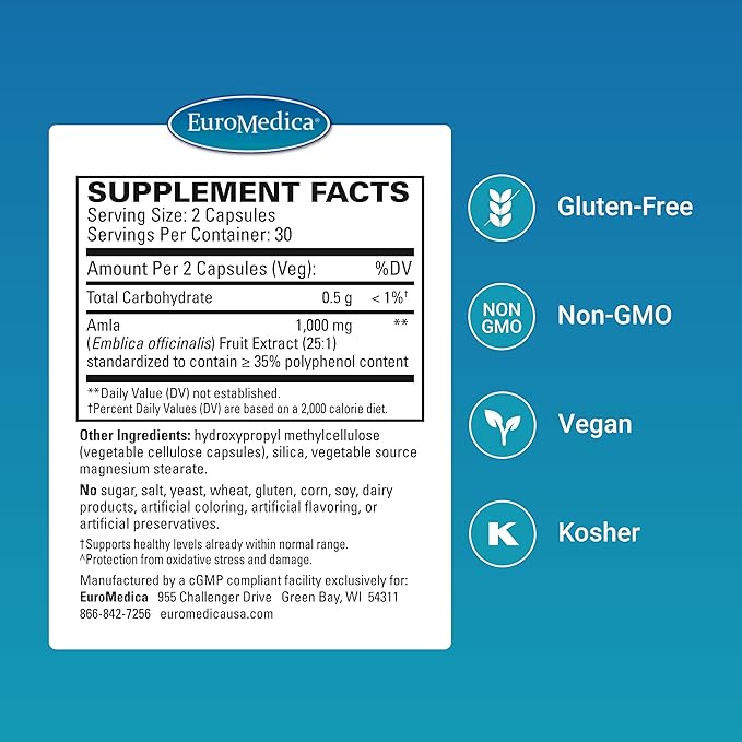 Euromedica Healthy Cholesterol and Triglycerides - 60 Capsules - Clinically Studied Amla - Supports Healthy HDL & Triglyceride Levels - Non-GMO, Vegan, Kosher - 30 Servings