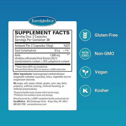 Euromedica Healthy Cholesterol and Triglycerides - 60 Capsules - Clinically Studied Amla - Supports Healthy HDL & Triglyceride Levels - Non-GMO, Vegan, Kosher - 30 Servings