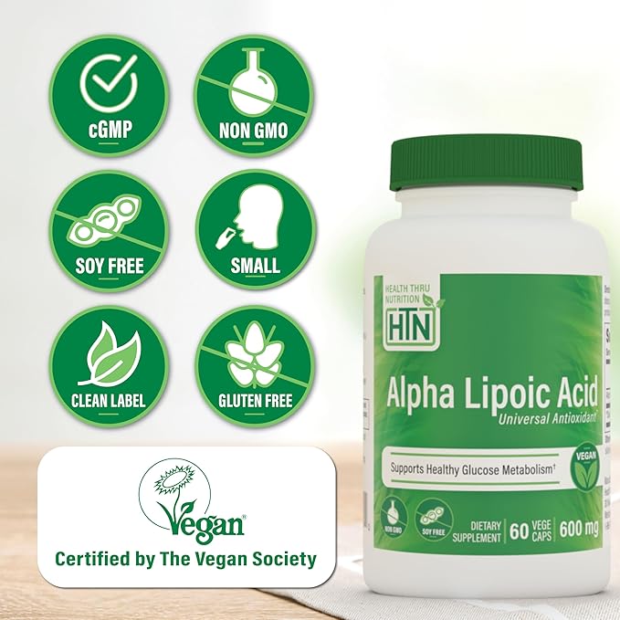 Health Thru Nutrition Alpha Lipoic Acid 600mg 60 Servings | Certified Vegan | Universal Antioxidant | Non-GMO, 3rd Party Tested, Hypoallergenic, Gluten Free, Soy Free ALA Capsules