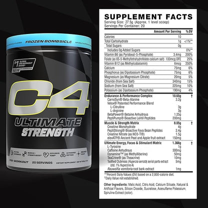 Cellucor C4 Ultimate Strength Pre Workout Powder - Tri-Stim Experience 300mg Caffeine+TeaCrine+Dynamine - Creatine & Beta-Alanine - Energy Supplement for Men & Women - Frozen Bombiscle, 20 Servings