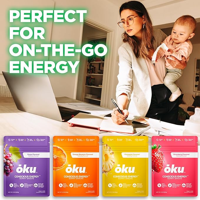 ōku Conscious Energy Gummy Snacks – Natural Caffeine from Green Tea & Yerba Mate, Vegan, Clean Ingredients, Gluten-Free, Focused Energy, Antioxidants & Fiber, Variety Pack of 8