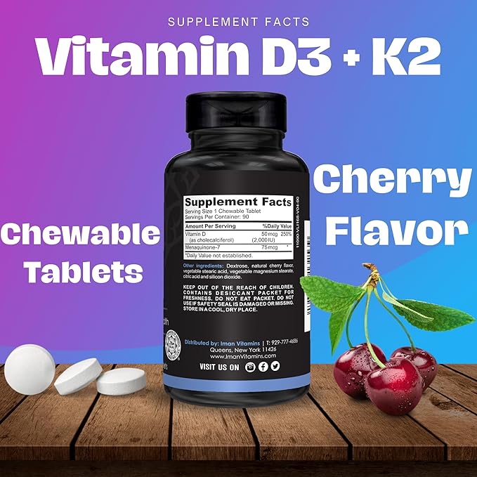 Halal Vitamin D3 with K2 Chewable Tablets - Vitamin D 2000 iu + Menaquinone-7 (MK7) | Supports Heart Health, Bones, and Muscles Health | 90 Count for Men and Women