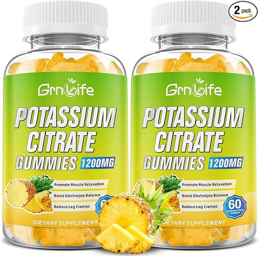 Potassium Citrate Gummies, High Potassium Supplement Gummies 1200mg Support Leg Cramps & Muscle Health, Potassium Gummies for Adults & Kids, Vegan, Pineapple Flavor 120 Count