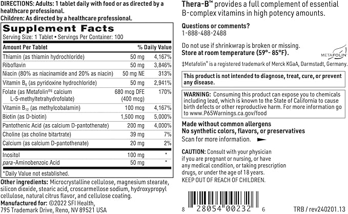 Klaire Labs Thera-B - Essential Vitamin B Complex, Hypoallergenic Formula with Activated Metafolin Folate (L-5-MTHF), Biotin & Methylcobalamin (100 Tablets)