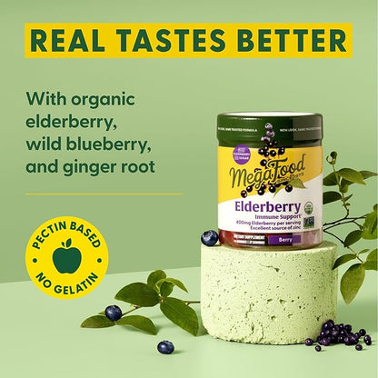 MegaFood Elderberry Immune Support Supplement - Vegan Elderberry Gummies for Adults - Made with Zinc and Real Food - Pectin-Based, Gluten-Free, USDA Organic - 54 Gummies, 27 Servings