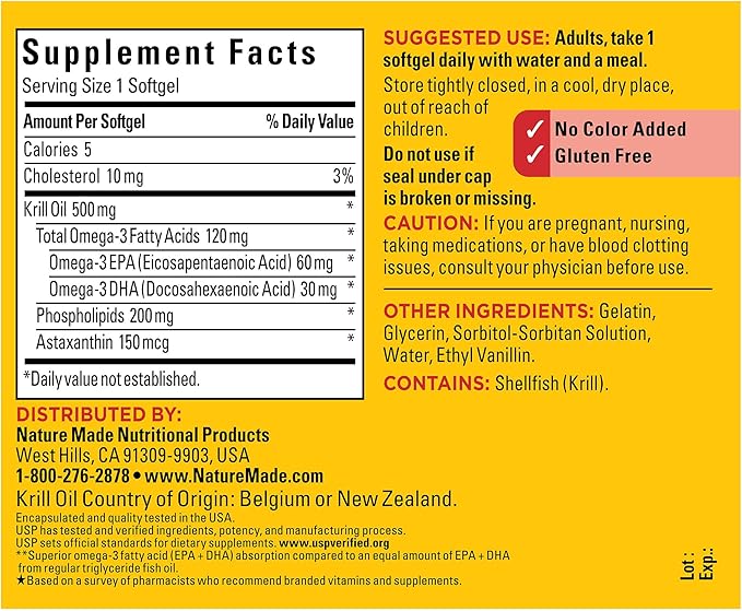 Nature Made Superior Absorption Krill Oil 500mg with Astaxanthin and Phospholipids, Omega 3s for Heart Health Support, 100 Softgels, 100 Day Supply