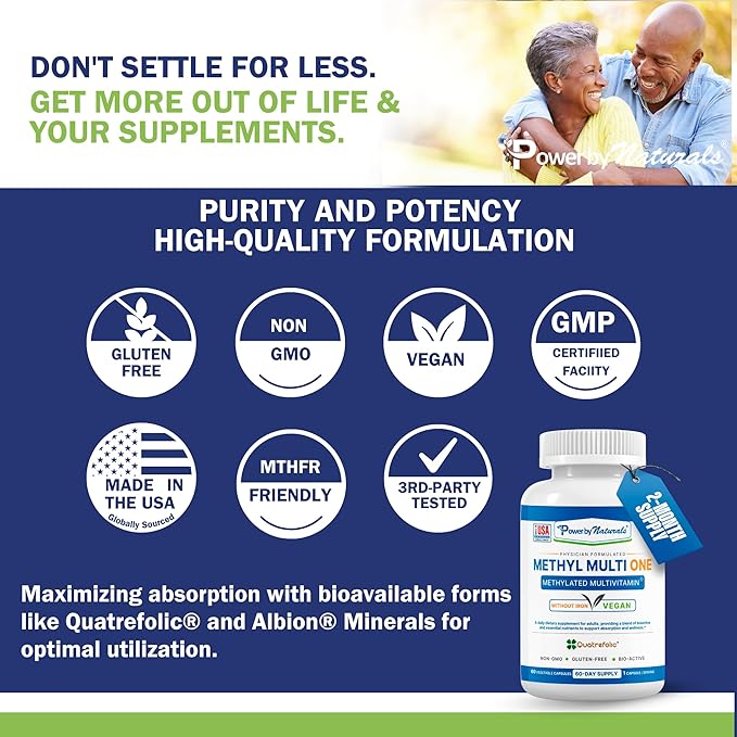 Power By Naturals Methyl Multi One - Vegan Methylated Multivitamin for Men & Women with Methylfolate & Methyl B12 for MTHFR Maintenance, 60 Capsules, 2 Month Supply, USA-Made, Gluten-Free