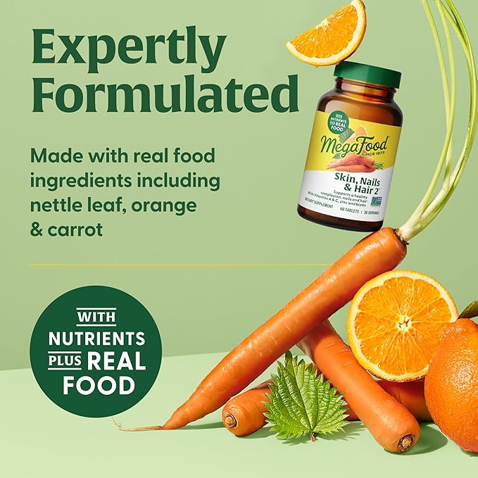 MegaFood Skin, Nails & Hair 2 - Vitamins for Women & Men - Biotin, Vitamin A, Vitamin C, Zinc, Vitamin B6, Vitamin E, Pantothenic Acid - Vegan - Made Without 9 Food Allergens - 60 Tabs (30 Servings)