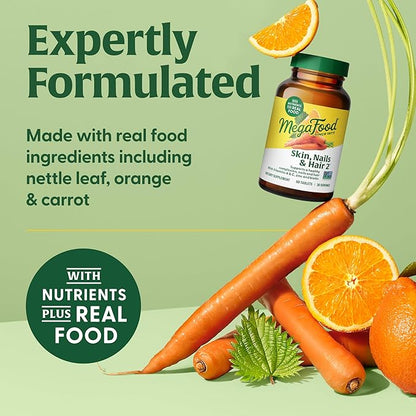 MegaFood Skin, Nails & Hair 2 - Vitamins for Women & Men - Biotin, Vitamin A, Vitamin C, Zinc, Vitamin B6, Vitamin E, Pantothenic Acid - Vegan - Made Without 9 Food Allergens - 60 Tabs (30 Servings)